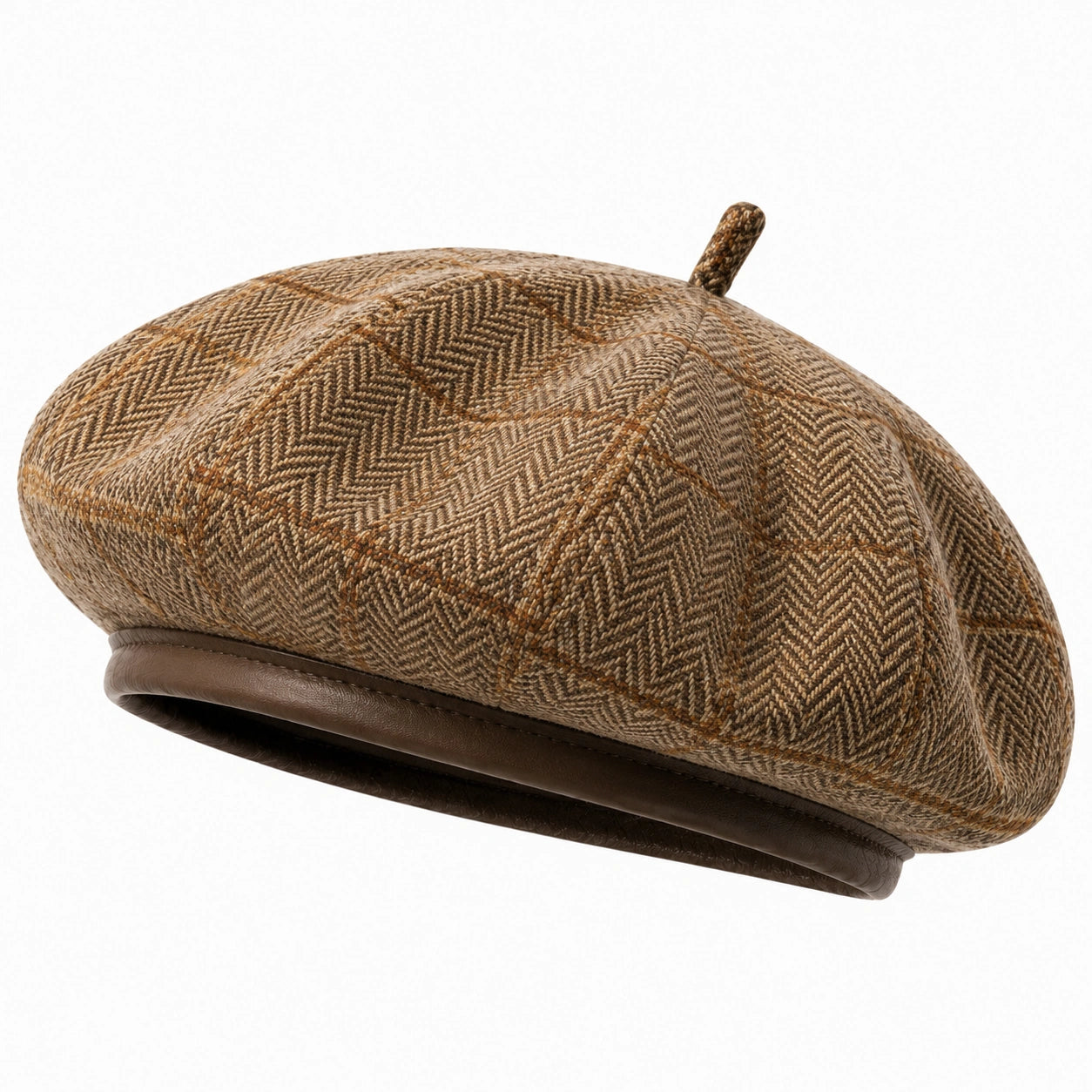 Béret taille unique en textile marron à motif chevrons style rétro