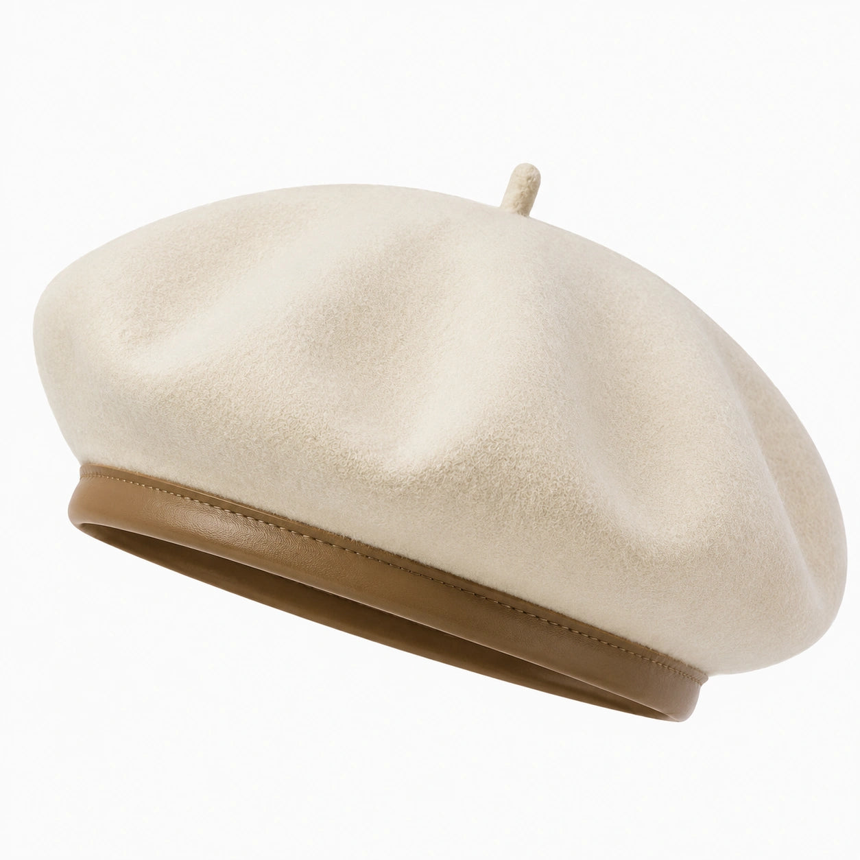 Béret taille unique beige en tissu doux avec bord marron style classique