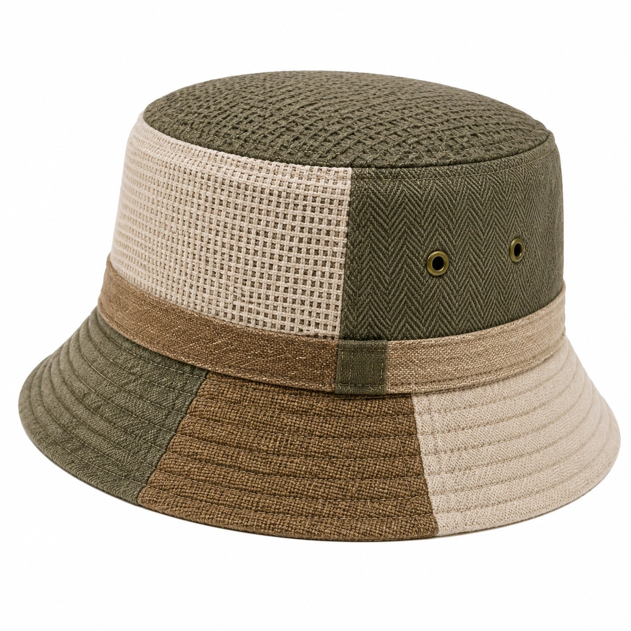 Chapeau bob taille unique en tissu texturé vert kaki beige et marron style patchwork