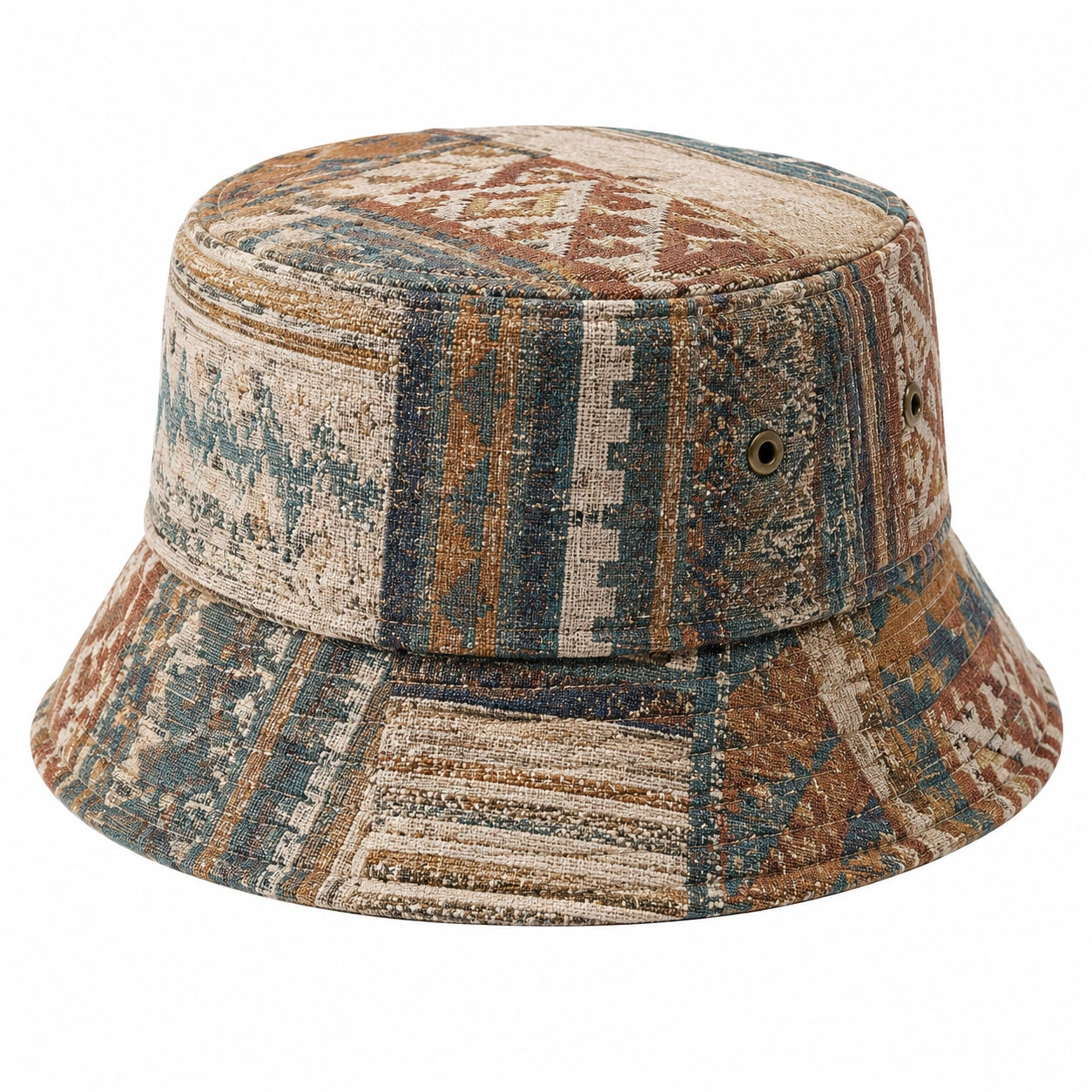 Chapeau bob taille unique en tissu multicolore à motifs géométriques avec œillets