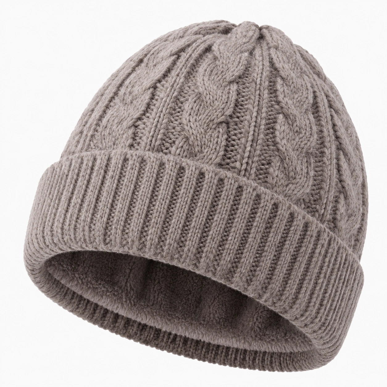 Bonnet taille unique en maille grise doublé polaire à revers torsadé