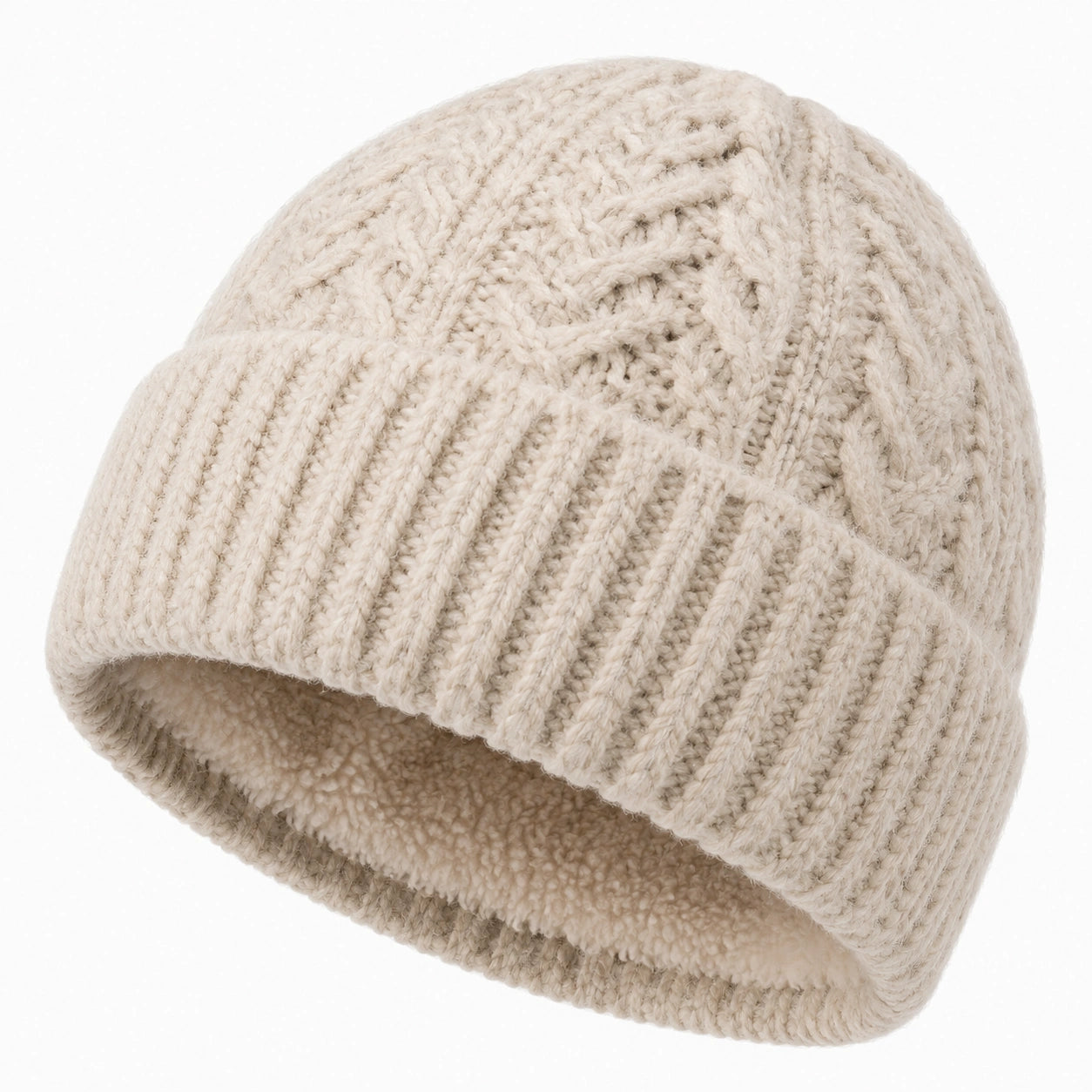 Bonnet taille unique en maille écru doublé polaire style torsadé