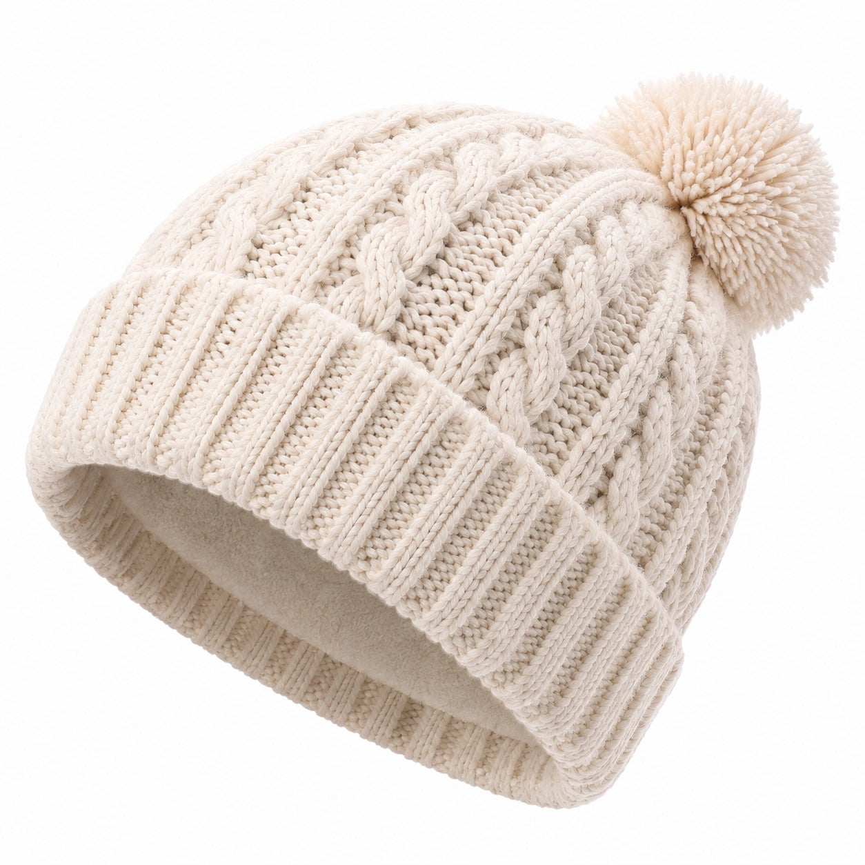 Bonnet taille unique en maille écrue à pompon style torsadé