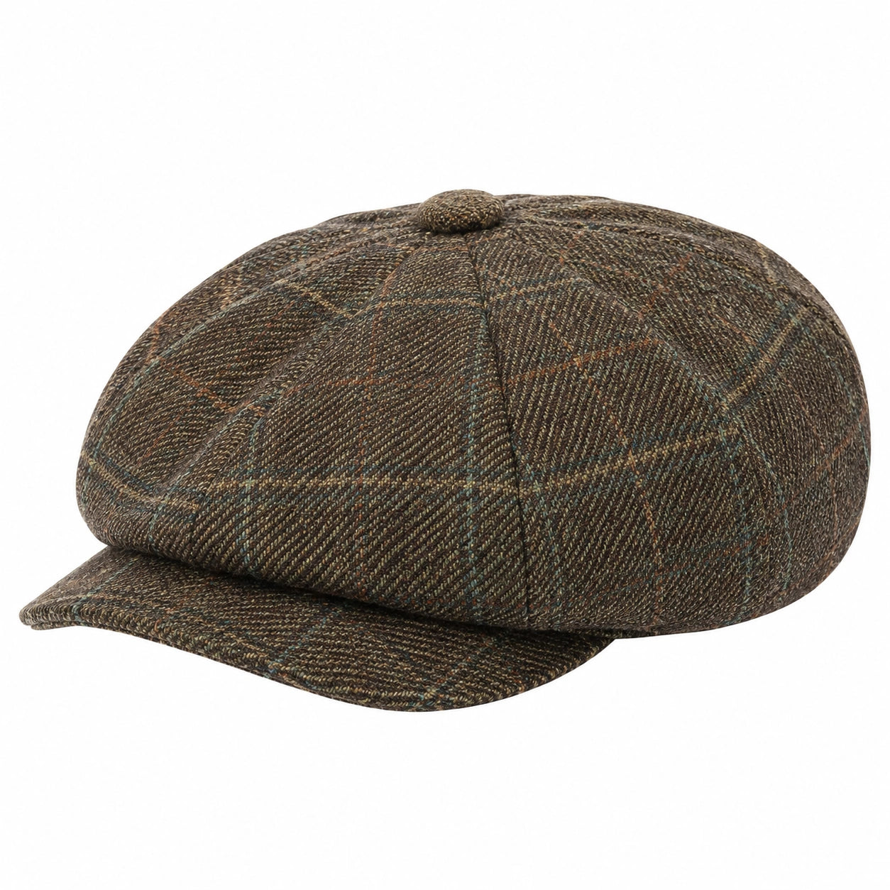Casquette plate taille unique en tissu tissé marron vert à motif carreaux style classique