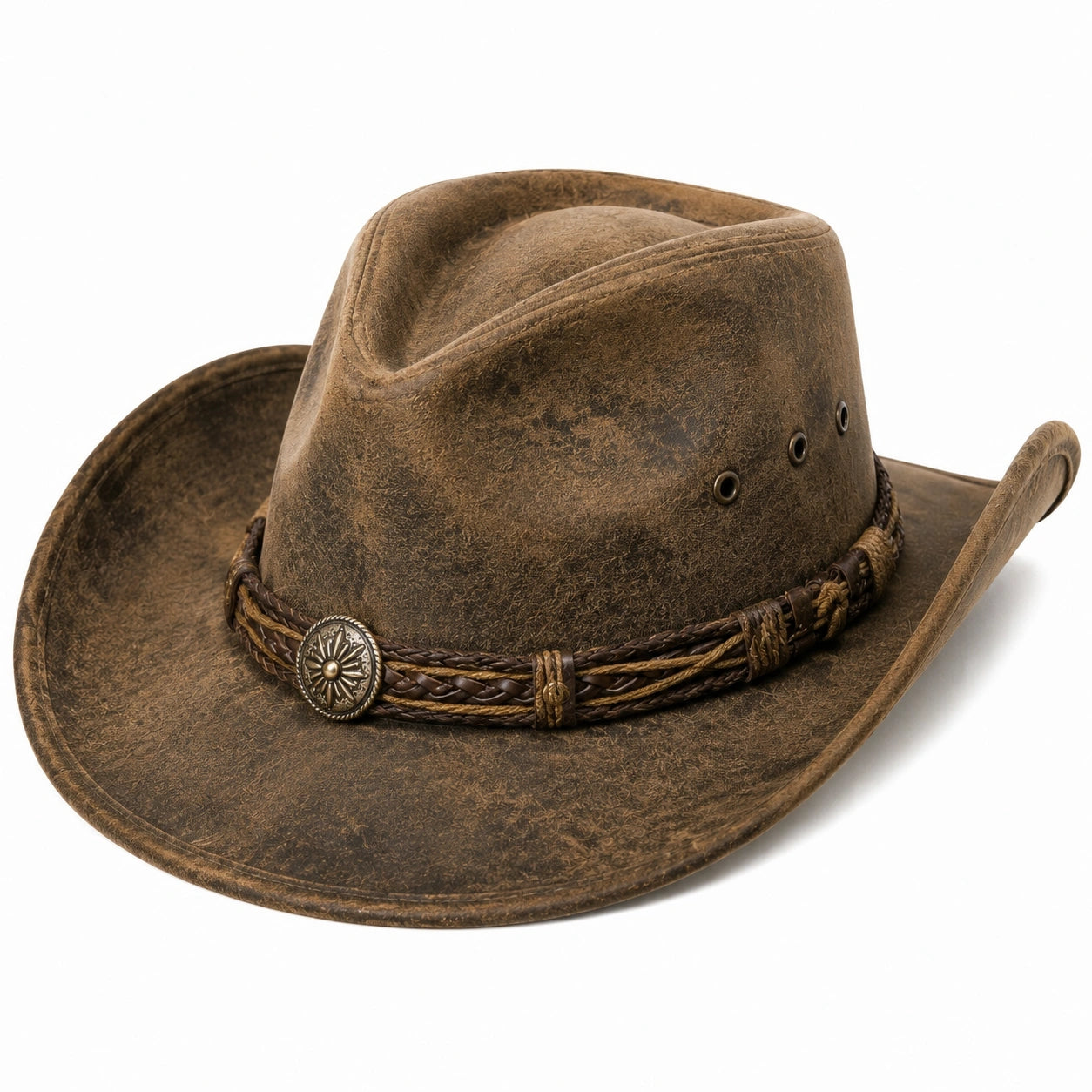 Chapeau cowboy taille unique brun en matière synthétique effet vieilli avec bord relevé