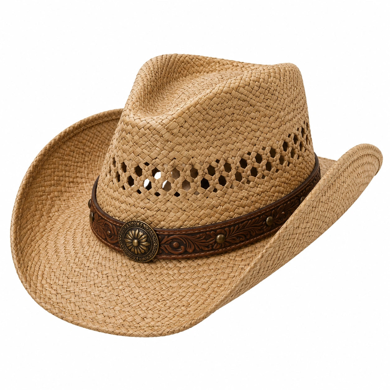 Chapeau cowboy taille unique en paille naturelle beige avec bande marron style western