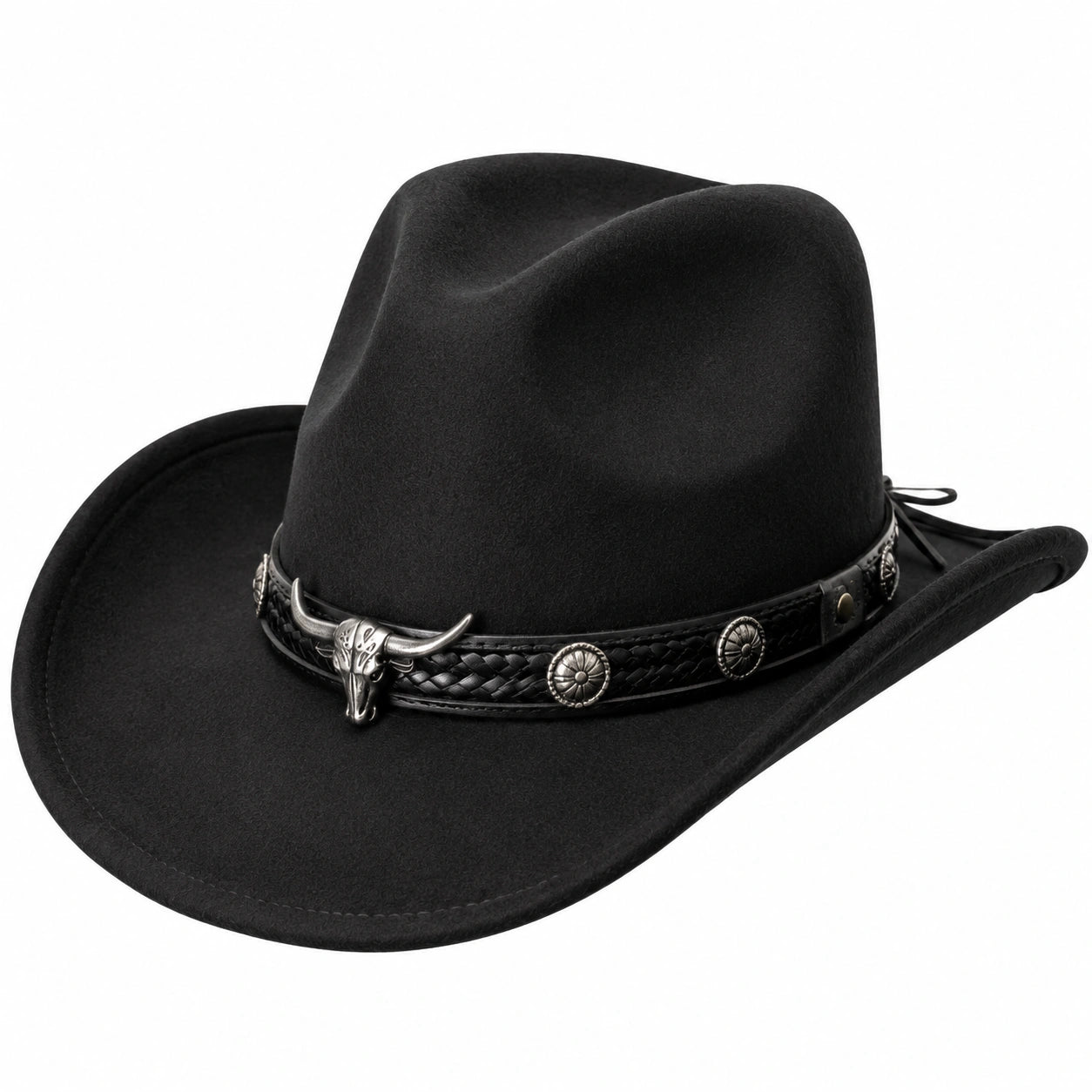 Chapeau cowboy taille unique en feutre noir à bande décorative réglable